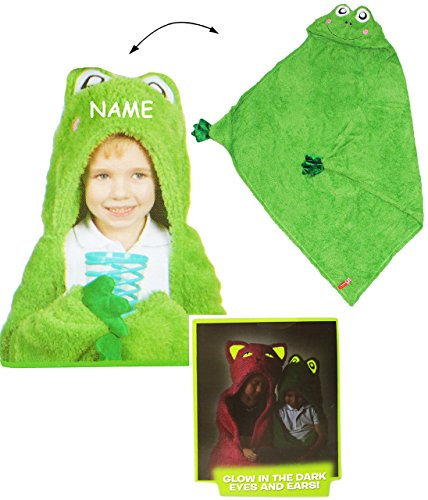 alles-meine.de GmbH leuchtet im Dunkeln 2 in 1 Kapuzenbadetuch & Kuscheldecke/Fleecedecke - Frosch - incl. Name - mit Kapuze 2 bis 8 Jahre - 110 cm * 110 cm - Mikrofase..