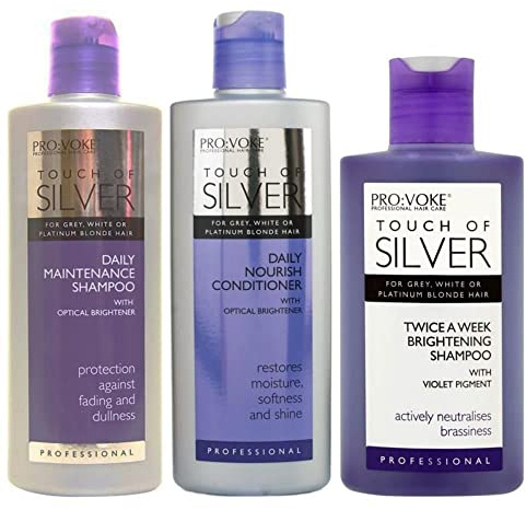 Set of 3 Touch Of Silver products: Silver Daily Maintenance shampoo, 200 ml, Daily Nourish conditioner, 200 ml, and Twice A Week Brightening shampoo, 150 ml, by ProVoke