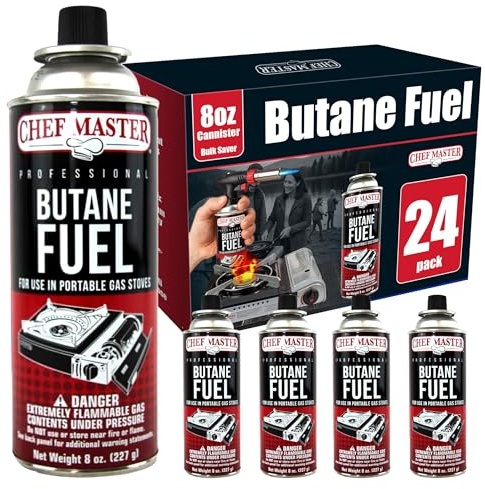 Chef Master 24x 8oz Butane Fuel Canister - Butane Fuel for Camping Stove & Kitchen Torch - Gas Canister for Picnics, Outdoor Cooking, Grilling - Camping Stove, Torch Fuel Camping Essentials - 90340