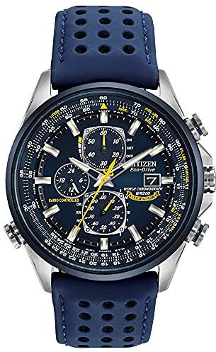 Citizen Men's Eco-Drive Sport Luxury World Chronograph Atomic Time Keeping Watch, Stainless Steel with Blue Leather Strap Coated in Polyurethane, Blue Dial (Model: AT8020-03L)