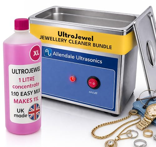 0.7L Ultrasonic Cleaner Kit 35W with 1L Jewellery Cleaning Fluid - Compact Stainless Steel Ultrasonic Cleaning Machine Bundle for Jewellery, Watches, Rings & Small Precious Items