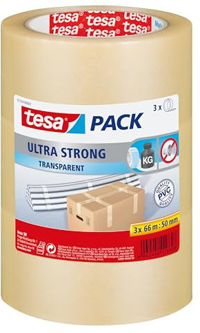 tesapack Ultra Strong - PVC-Klebeänder für festes Verpacken und sicheres Bündeln - Transparent - 66 m x 50 mm, 3er-Pack