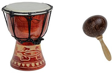 20cm Djembe Trommel Bongo für Kinder Gecko Holz + Kokos Rassel Maraca R2