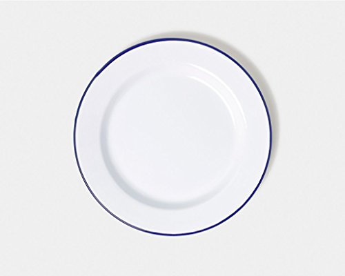 Genware 45026 Enamel Wide Rim Plate, 24 cm, White/Blue