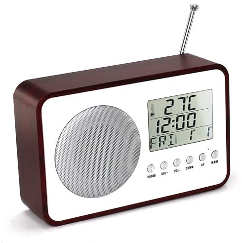 FISHTEC ® Radio Reveil Rétro Vintage Portable Look 60's - Poste Radio FM/AM - Ecran LCD - Affichage Température Date Heure - Haut Parleur Stéréo - Couleur Bois