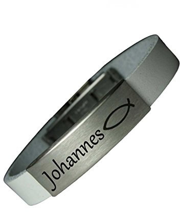 Tinasfunshop Fisch Glaube Kommunion Konfirmation Echt Leder Armband 12 mm mit Edelstahl Gravurplatte und Edelstahl Verschluss einschließlich eine Gravur Ihrer Wahl