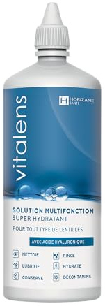 VITALENS - Produit multifonction pour lentilles de contact souples - Décontamine, nettoie, rince, déprotéinise, hydrate et conserve - Solution à l’acide hyaluronique - Format cabine avion 100ml