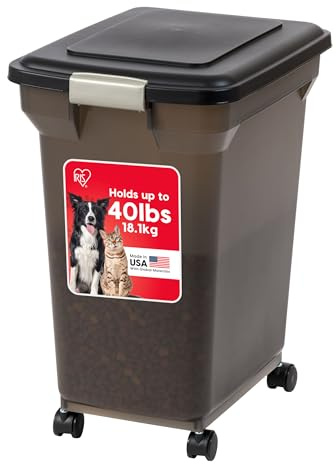 IRIS USA Airtight Dog Food Storage Container, WeatherPro, Up to 40 lbs, Removable Wheels, for Dog Cat Bird and Other Pet Food Storage Bin, Keep Fresh, Translucent Body, Made in USA, Smoke/Black