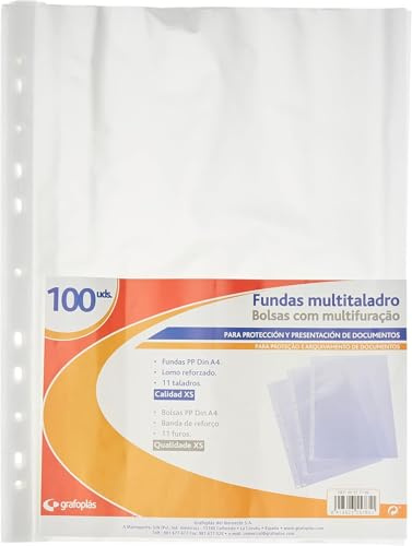 Grafoplas - Fundas Multitaladro XS, 11 Taladros, Tamaño A4, Lomo Reforzado, Poliporpileno Transparente Fino, Protege Documentos Escolares y de Oficina