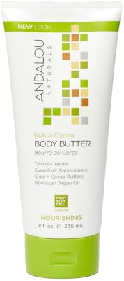 Andalou Naturals Body Butter, Kukui Cocoa Nourishing Body Cream, 8 Oz, Shea Butter, Cocoa Butter & Argan Oil for Dry Skin, Vegan