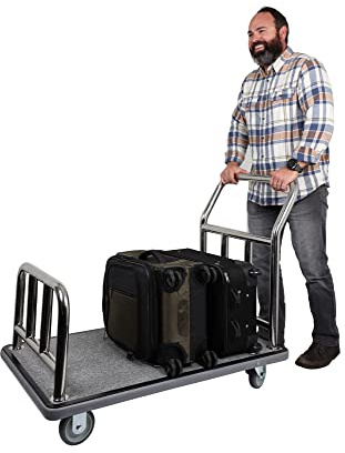 Wholesale Hotel Products Stainless Steel Utility Cart – 750lb Capacity – Dolly Cart w/ 5” Wheels & Grey Carpet, for Hotel, Resorts, Condos, Commercial Use (Value Valet Series)