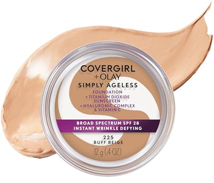 COVERGIRL Simply Ageless Instant Wrinkle Defying Foundation, SPF 28, Hyaluronic Complex & Vitamin C - 225 Buff Beige, Pack of 1