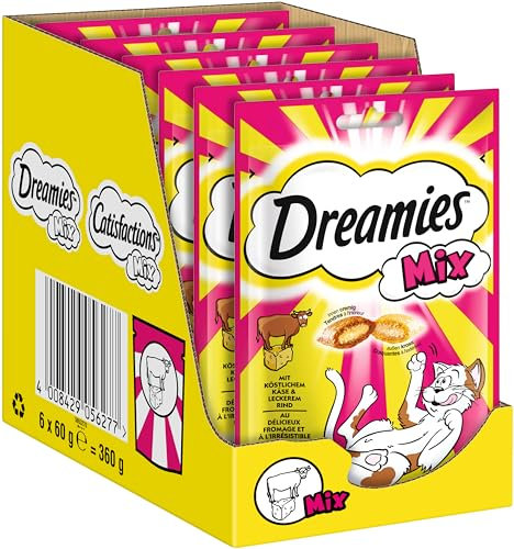 Dreamies Mix Katzensnacks mit Rind & Käse – Außen knusprig & innen cremig – 6 x 60g