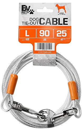 BV Dog Tie Out Cable 25 Feet - Heavy Duty Dog Lead up to 90 Pounds - Reflective & Rust-Free with Quick Release Swivel Clips & 360° Rotating Clasp - Tangle-Free Dogs Runner for Yard (Silver, Single)