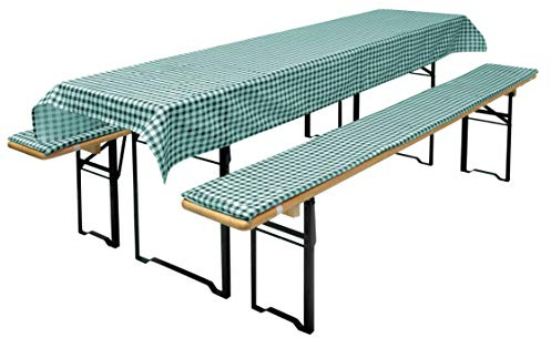 Brandsseller Set Birreria 3 Pezzi – 2 Cuscini Imbottiti per Panche 220x25 cm e 1 Tovaglia 240x90 cm – Ideale per Sagre, Giardino, Feste all’Aperto – Verde a Quadri