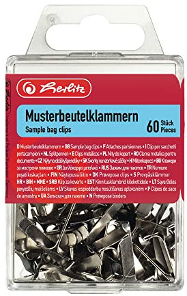 Herlitz Musterbeutelklammer Flachkopf, 60 Stück in Hängebox, metall