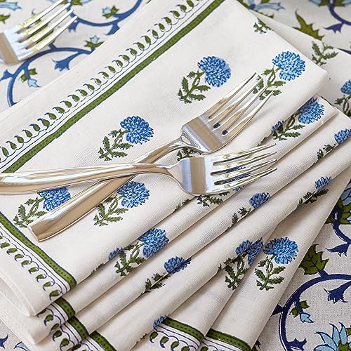 Saffron Marigold 100% Blue Cotton Dinner Napkins, Set of 6, Hand Printed Moonlit Taj Design, Fair Trade, Washable Cloth Napkins for Parties & Cocktails 20x20 in