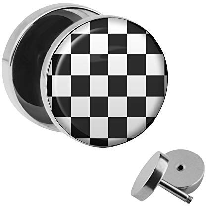 Treuheld | Ohrstecker zum Schrauben - Schachbrett - schwarz-weiß - Motiv Fake-Plug Ø 10mm Silber - Edel-Stahl Ohr-Ringe - Chirurgen-Stahl 316L Fake-Tunnel - Gewinde Ohr-Stecker - Schach-Brett