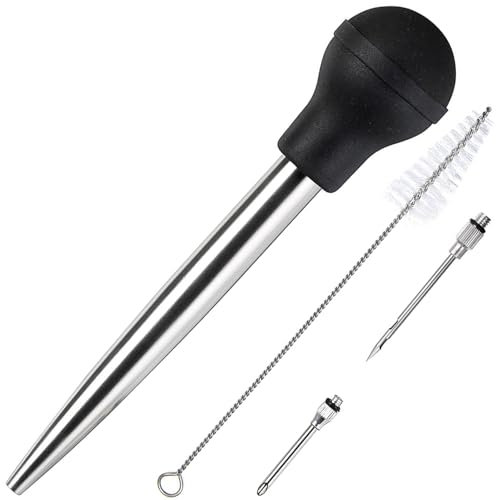 Best Utensils Bratenspritze aus Edelstahl, professionelle Qualität, FDA, Gummi-Ballon, inkl. Marinade-Injektorspritze und Bürste für einfaches Reinigen