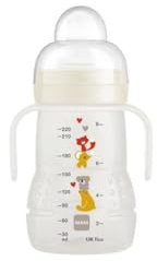 MAM | Biberon de transition 4+ mois (220 ml) Blanc – Biberon d'apprentissage avec 1 tétine débit 3 rapide + 1 bec anti-fuite – Biberon avec poignées ergonomiques pour apprendre à boire comme un grand
