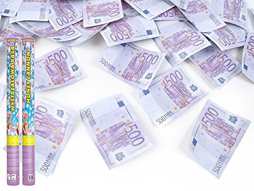 PartyDeco Set 12 Cannoni Spara Coriandoli A Forma di Banconota Euro, 500 EUR Geldscheine, Confezione