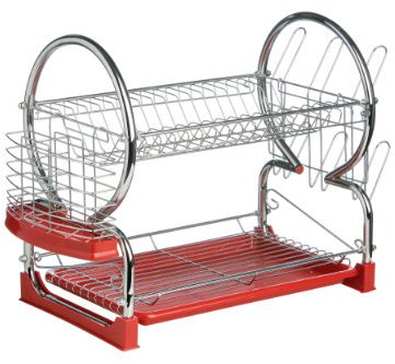 Premier Housewares 2 Tier Dish Drainer, Dish Rack with Drip Tray, Sink Caddy - Chrome/Red