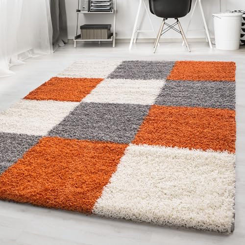 Carpetsale24 Hochflor Teppich Shaggy kariert 120x170 cm Orange, weich & flauschig, modernes Karo Muster, rechteckig, perfekt für Wohnzimmer oder Schlafzimmer, stilvoll & bequem