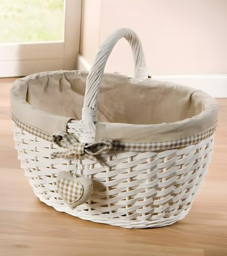 Dekoleidenschaft Tragekorb Liebesherz weiß, aus Weide & Holz mit Textileinlage, Weidenkorb, kleiner Einkaufskorb, Flechtkorb, Geschenkkorb, Dekokorb, Picknickkorb