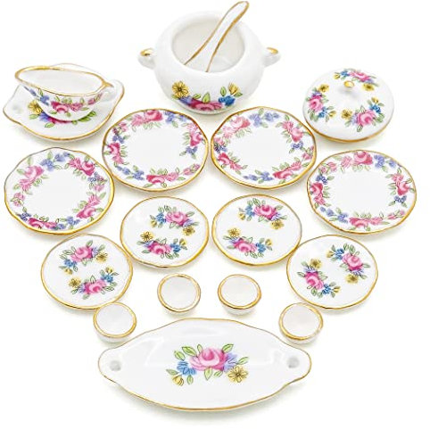 Odoria 1/12 Miniatur Geschirr 17 Stück Puppenhaus Küche Zubehör, Rosa Blume