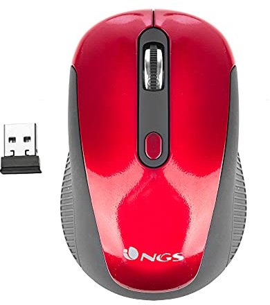 NGS HAZE RED - Ratón Óptico Inalámbrico 2.4GHz, Ratón USB para Ordenador o Laptop con 3 Botones y Scroll Metálico, 800/1600dpi, Rojo