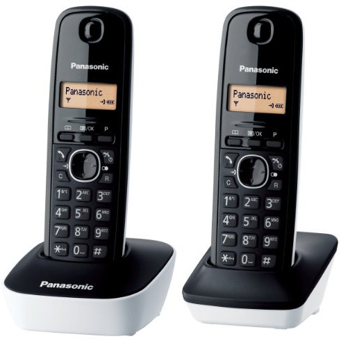 Panasonic KX-TG1612JTW Telefono Cordless DECT Doppio con Base Montabile a Parete, Rubrica da 50 voci, Nero/Bianco