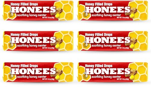 Honees Honey Filled Drops, Honey Cough Drops with Real Honey-Natural Sore Throat Relief-Nothing Artificial-Throat Coat Lozenges, Natural Cough Suppressant, Non-GMO (6 Pack – 54 Drops)