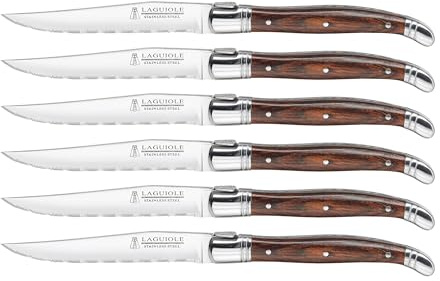 Trudeau Laguiole Steak Knives Set of 6 – Premium Stainless Steel Serrated Blades with Pakkawood Handles – Dishwasher Safe Steak Knife Set for Dinner, BBQ, or Gifting – Rustic Elegant Design