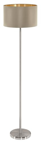 Eglo Lampadaire Maserlo, lampe à poser, luminaire salon en acier et textile, nickel mat, taupe, doré, avec interrupteur à pied, douille E27