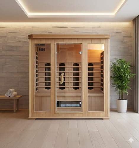 CONCEPT USINE | Cabina per sauna a infrarossi 4-5 posti in legno Hemlock | Cromoterapia 7 colori | 7 diffusori a infrarossi | Stazione di controllo LCD | Radio Bluetooth | Calore secco economico |