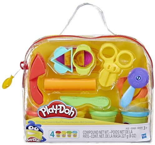 Play-Doh Starter Set, 9 Accessories, 4 Cans with Blue, Green, Red, and Yellow Modeling Compound & Travel Bag, Preschool Toys for Age 3+ Kids