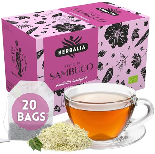 HERBALIA - Tisana ai Fiori di Sambuco, 20 Bustine Senza Punti Metallici, 26 gr. di Sambuco per Infusi e Tisane