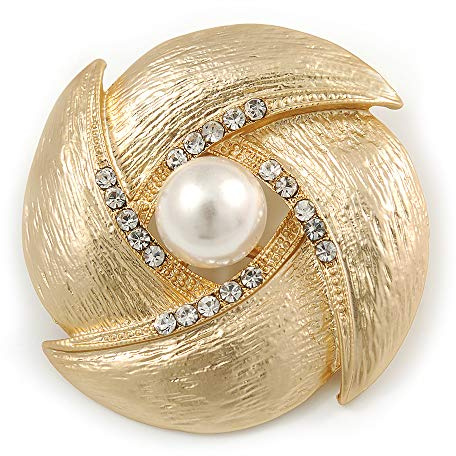 Broche vintage en plaqué or avec strass texturés et fausses perles, 4,5 cm de diamètre, taille unique, Pas de type de métal, diamante Fausses perles.