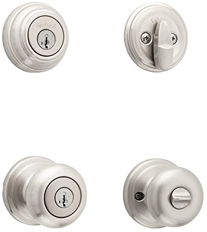 Kwikset Satin Nickel SmartKey Single Cylinder Juno Entry Knob & Deadbolt Comb