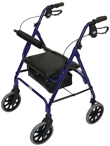 DAYS Lightweight Folding Rollator Walker – Mobility Aids, Adjustable Walking Frame with Padded Seat, Lockable Brakes, Ergonomic Handles, Walking Aid, Portable Walker for Elderly, Medium – Blue