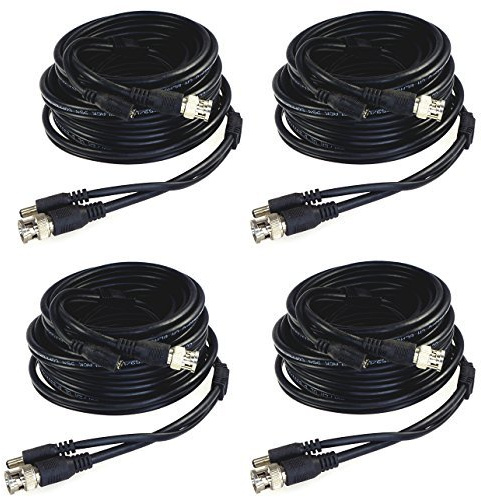 Five Star RG59 Siamese Cable for AHD, TVI, CVI and HD-SDI Camera System with BNC connectors and 2.1mm Power Jack for Plug and Play Connections (60 Ft, Black (4-Pack))