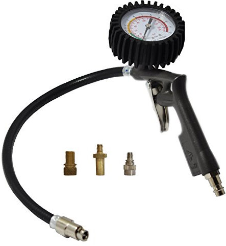 Reifenfüller mit Patentstecker und Fahrradventil, Adapterset, Manometer waagerecht