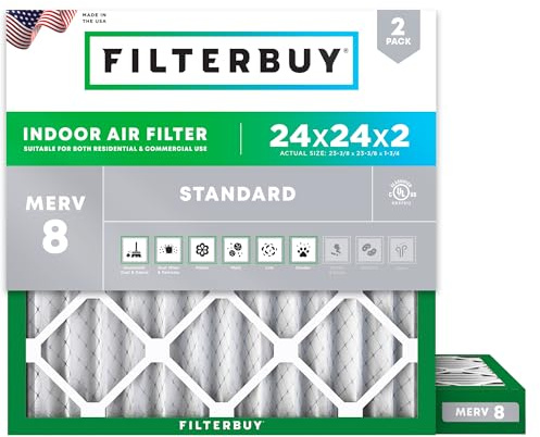 Filterbuy 24 x 24 x 2 luftfilter MERV 8, veckat HVAC Ugnsfilter (2-pack, silver)