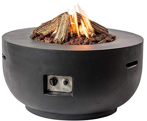 M A N I A Feuertisch für den Garten - Gas Feuerstelle ohne Rauch, Funken, Glut & Asche - Gaskamin Outdoor mit 19,5 kW in Betonoptik schwarz 91 x 91 x 46 cm - Gasfeuerstelle Terrassenkamin Kaminfeuer