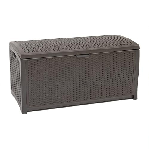 Suncast DBW9200 99 Gallon Outdoor Wicker resin Patio Storage Chest Bin with Handles for Patio, Garden, Garage, or Pool for All Weather, Mocha