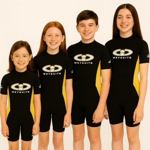 TWF Childs 3mm CIC Titanium Shortie wetsuit (Black/Banana Yellow, Age 11-12)