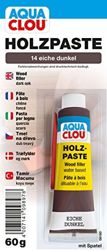 Clou Aqua Holzpaste Holzspachtel: innen Holz Spachtelmasse zum Ausbessern von Löchern, Dellen, Rissen in Möbeln, Türen, Parkett und Laminat - eiche dunkel, 60 g