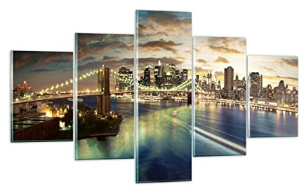 Quadro su Vetro America Architettura New York Stampe da Parete in Vetro 125x70cm Quadri Moderni Soggiorno Camera da Letto Cucina 5 pezzi Piccoli Decorazione Murale Wall Art Immagini GEA125x70-0226