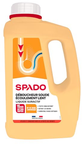 SPADO - Déboucheur liquide - Ecoulement lent - Détruit les odeurs - compatible fosse septique - action dès 15min - soude minérale concentrée 30% - 1 L - Fabriqué en France
