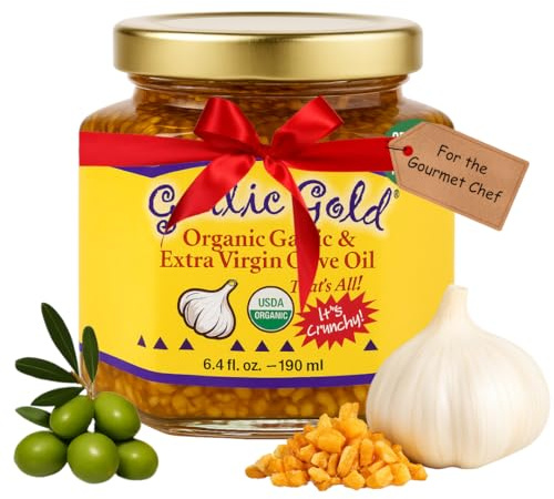 Garlic Gold Organic Toasted Garlic Granules in Extra Virgin Olive Oil, Crunchy Garlic in Olive Oil, Glass Jar 6.4 oz